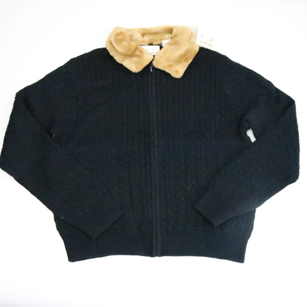 E P Pro Black Faux Fur Collar Sweater Women’s Medium Knit Top NWT